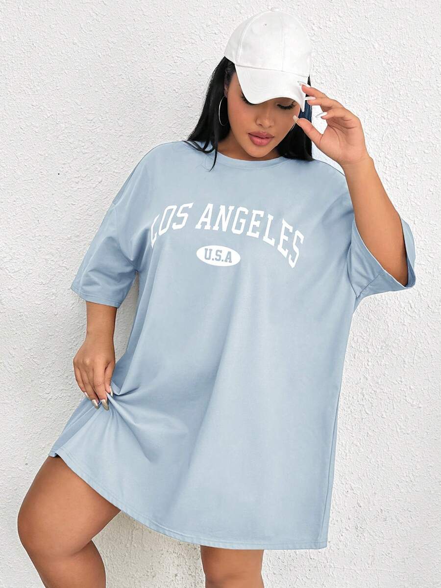 SHEIN EZwear Plus Size Women Letter Print Drop Shoulder Plus Size T-Shirt Dress