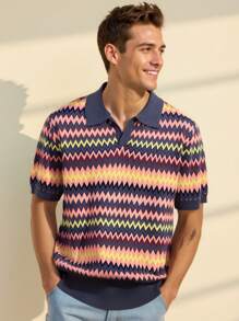 Manfinity Hypemode Men's Wave Striped Short Sleeve Casual Knit Top - Dark Green - View 2