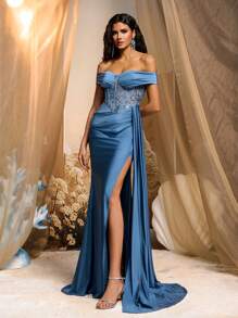 Glamrae Elegant & Luxurious Off-Shoulder Lace & Sequin Patchwork Elastic Knitted Corset Dress With Ruched Slit Mermaid & Side Chiffon Drapes, Suitable For Wedding, Party, Prom, Cocktail Occasion, Wedding Guest Dress, Formal Dress, Evening Dress, Gown - Blue - View 6