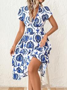 SHEIN Clasi Women Blue & White Floral Mid-Length Dress With Pockets, Elegant Resort Wear, Spring/Summer