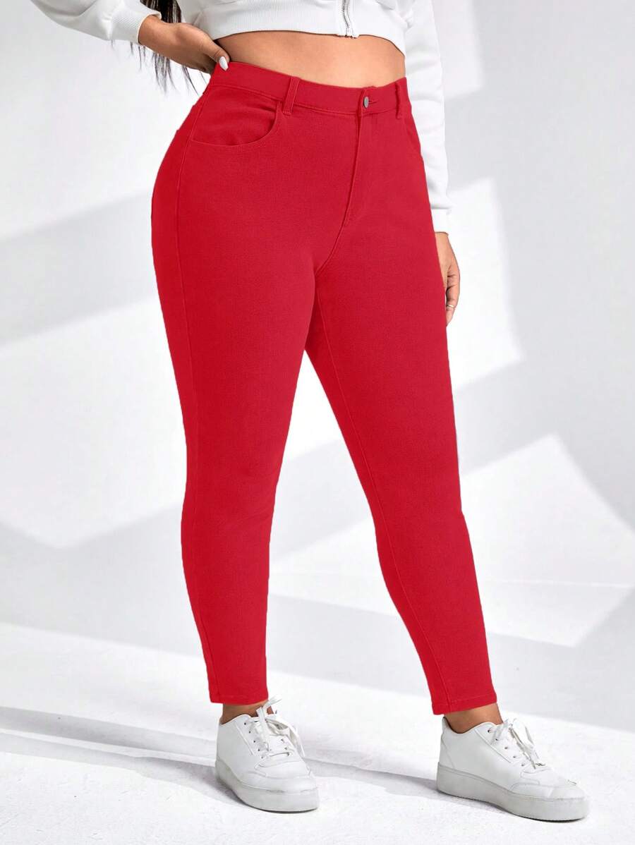 SHEIN Essnce 大码休闲纯色弹力紧身裤 - 紅色 - 查看 1