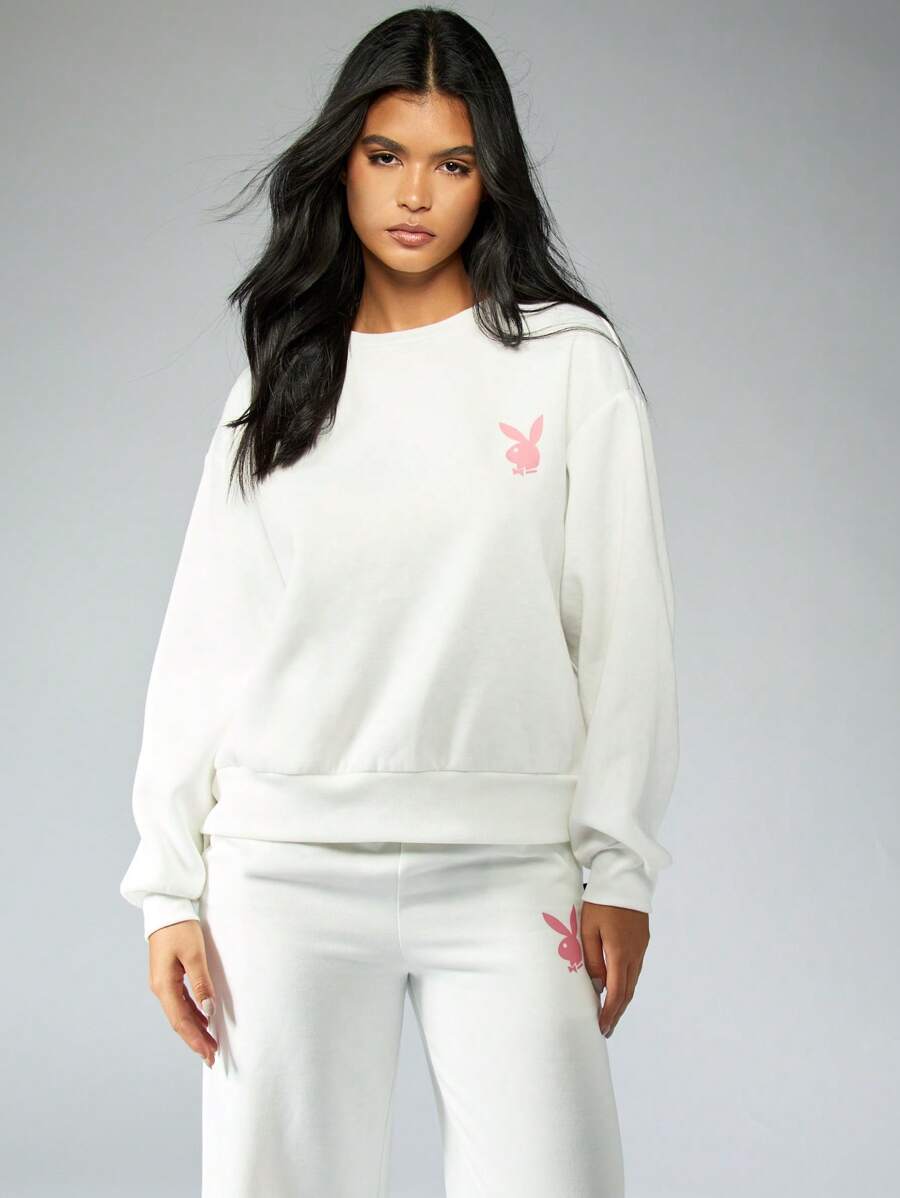 Missguided x Playboy 系列 经典小兔子标志卫衣 家居服 街头服饰 运动休闲 舒适版型 春季时尚必备 - 白色 - 查看 1