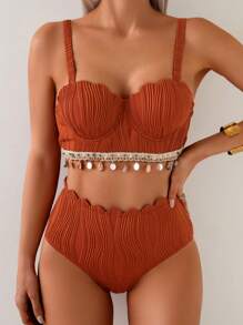 SHEIN Swim Women's Solid Color Strap Swimwear, High-Waisted Bikini Set For Summer Beach Vacation - White - View 3