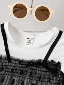 SHEIN 女婴休闲时尚波尔卡圆点网眼连衣裙，带褶饰细节，休闲风格 - 彩色 - 查看 7