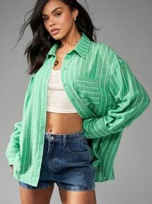 MISSGUIDED Chemise boutonnée rayée oversize, manches longues, Top décontracté, couvre-tout de plage pour le printemps et l'été, vacances, coupe ample, col chemisier, Noël - Vert - Voir 4