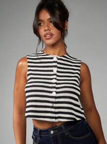 MISSGUIDED Striped Knit Crop Vest Button Front Sleeveless Tank Top Summer Retro Style Nautical Fashion Ribbed Waistcoat Modern Casual - Black and White - View 5