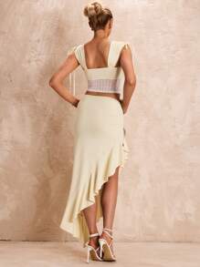 Glamine Women's Sexy Romantic Lace Square Neck Bow Patchwork And Ruffle Asymmetrical Hem Skirt 2pcs Set