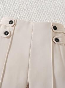 SHEIN Young Girl Plain Color Button Design Toothpick Straight Casual Pants - Khaki - View 5