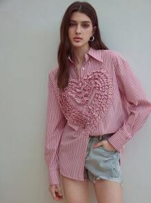 MOTF STUDIO WOMEN'S COTTON STRIPED PRINT FRILL SHIRT - Red and White - View 1