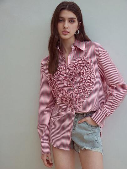 MOTF STUDIO WOMEN'S COTTON STRIPED PRINT FRILL SHIRT