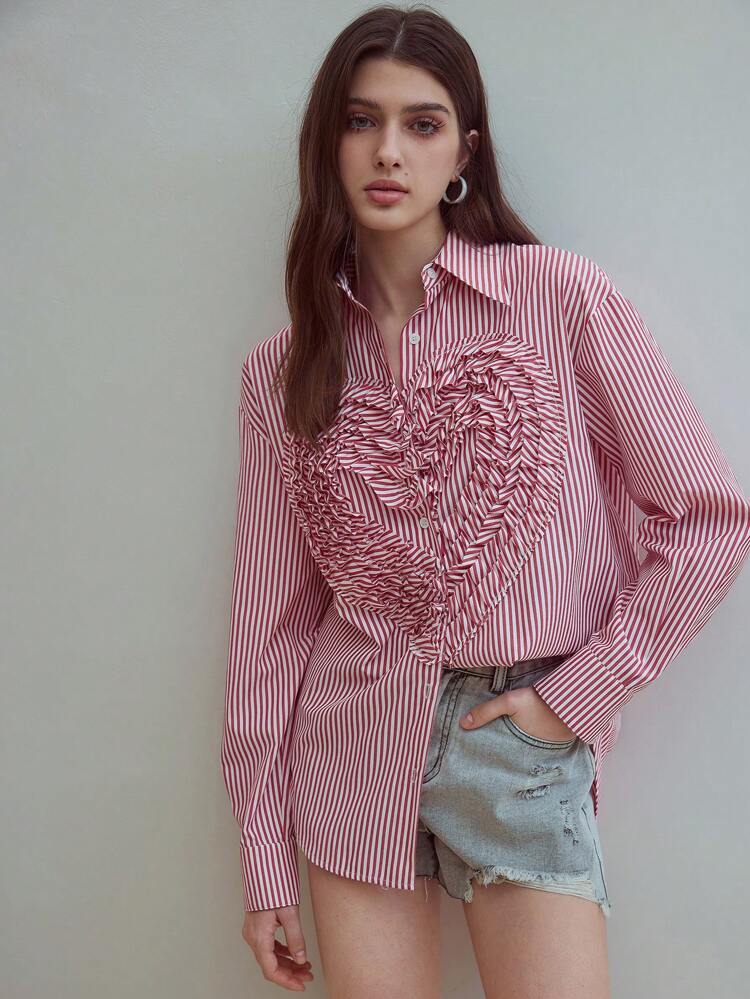 MOTF STUDIO WOMEN'S COTTON STRIPED PRINT FRILL SHIRT