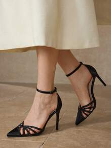 MOTF PREMIUM WOMEN'S BLACK HIGH HEEL HOLLOW-OUT RHINESTONE DECOR PUMPS - Black - View 7