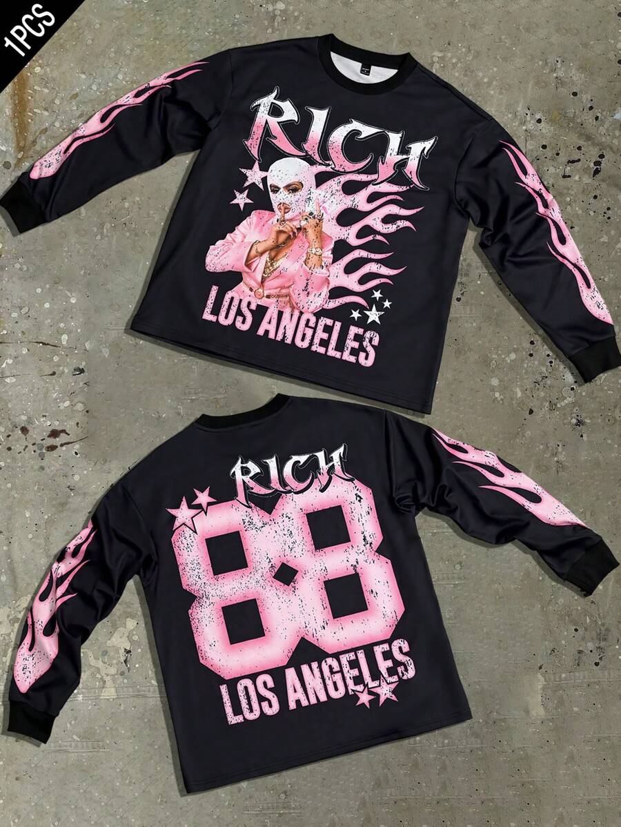 Manfinity EMRG Men's Casual Personalized Letter Print Long Sleeve T-Shirt, Autumn, For Fall - Black - View 1