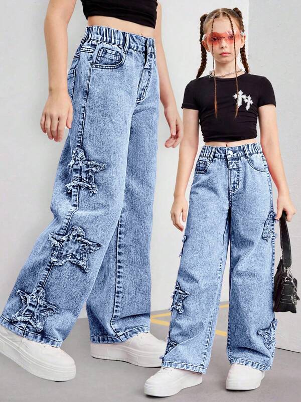 SHEIN Pantalones acampanados de mezclilla holgados con parche rosa y bordado de estrella, estilo Y2K, prenda de moda casual y versátil, accesorio imprescindible para niñas preadolescentes