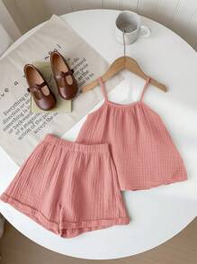 SHEIN LMoss Kids 2 件套年轻女孩夏季休闲宽松细肩带吊带背心和荷叶边下摆短裤套装 - 粉色 - 查看 4