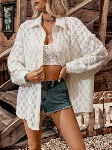 LanaWest Women's Light Apricot Furry Textured Heart Hollow Casual Vacation Vibe Long Sleeve Shirt