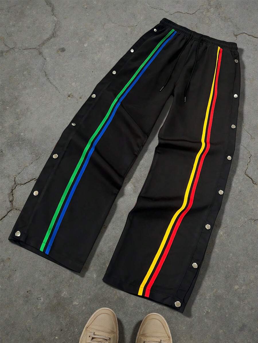 Manfinity EMRG 男士简约 Y2k 拼接抽绳休闲直筒裤,彩虹条纹,侧开口设计,白色裤子,嘻哈长款宽松裤,适合丈夫、男朋友的礼物,复古运动裤街头潮流,秋季 - 黑色 - 查看 1