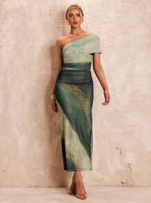 Glamine Women's Summer Green Tie-Dye Spaghetti Strap Split Hem Mesh Dress, Fitted Ruffle Vacation A-Line Gown, Women Formal Dress Women Prom Dresses Women Maxi Dresses Women Summer Dresses Women Dresses Women Short Dresses