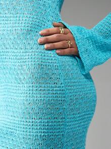 MISSGUIDED 钩针编织长款连衣裙，长袖镂空细节，修身设计，适合夏季海滩派对度假穿着，晚宴及地长裙，优雅迷人。 - 藍色 - 查看 5