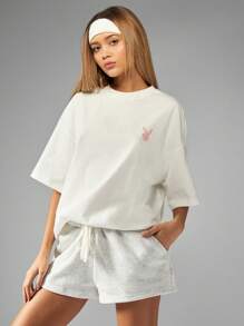 Missguided x Playboy Bunny Logo Oversized T-Shirt Casual Street Style Athleisure Fashion Basic Lounge Modern Streetwear Summer Spring Wardrobe Essential - White - View 1