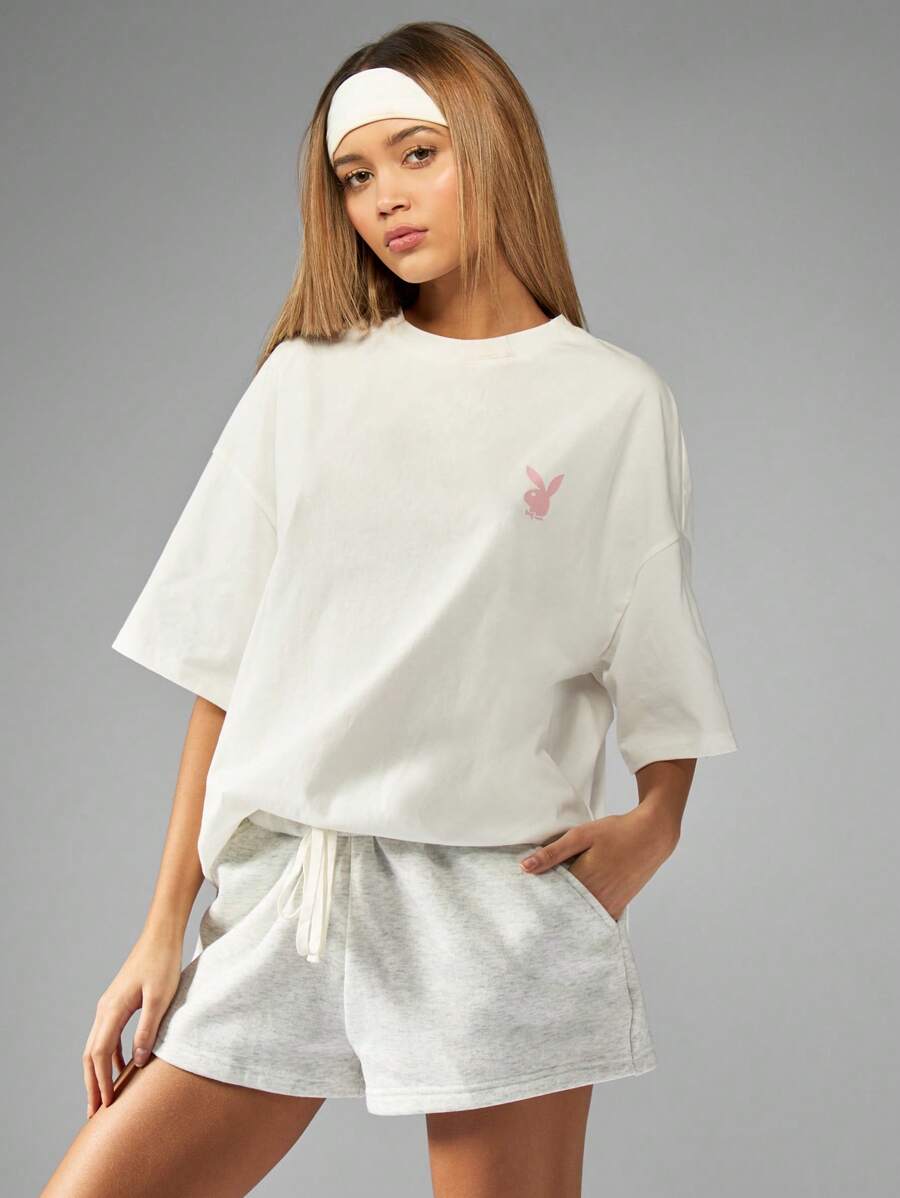 Missguided x Playboy Bunny Logo Oversized T-Shirt Casual Street Style Athleisure Fashion Basic Lounge Modern Streetwear Summer Spring Wardrobe Essential - White - View 1