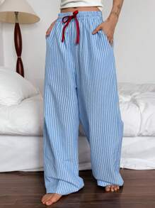 DAZY Striped Loose Drawstring Waist Pajama Cozy Pants, Fall - Blue - View 5