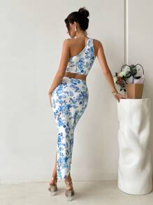 SHEIN VCAY 2pcs Women Oblique Shoulder Crop Top And Drawstring Waist Skirt Set,Vacation Outfits Woman,Sundresses For Vacation,Beach Vacation Outfits,Tropical Vacation Woman Clothes,Summer Outfits For Women,Everyday,Backless Dress,Floral Dress,Women,Suitable For Party, Date, Afternoon Tea, Summer Outfit, Beach Vacation, Music Festival,Sundress,Aura Style - Blue and White - View 4