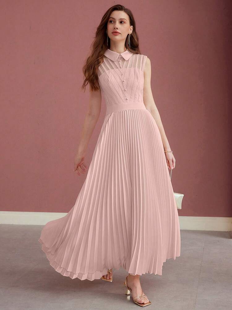 CONTRAST MESH PLEATED DRESS