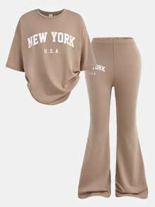 SHEIN Girlism 2pcs Set Tween Girls Casual Minimalist Letter Print Loose Short Sleeve T-Shirt And Flared Pants Graduation Outfit