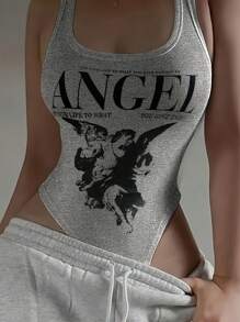 Chiquease 女士休闲图案标语印花紧身衣，夏季 - 灰色 - 查看 1