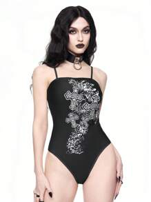 ROMWE Gothic Cross Print Detachable Strap One-Piece Swimsuit, Halloween - Black and White - View 3