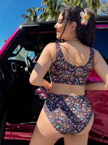 SHEIN Swim Curve Plus Size Ditsy Floral Casual Vacation Tankini Swimwear For Summer - Multicolor - View 2