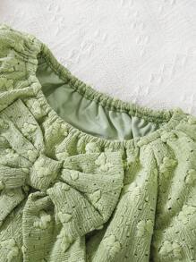 Baby Girl Summer Collection Green Sweet Casual Embroidered Butterfly Pattern Puff Sleeve Top Paired With Denim Shorts Set. - Multicolor - View 6