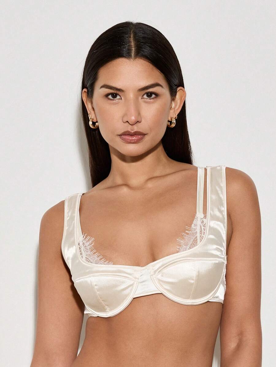 AiiRZ Satin Bralette Top Padded Crop Bustier With Delicate Lace Trim Evening Party Bridal Lingerie Style Sleeveless Summer Festival Fashion - Apricot - View 1