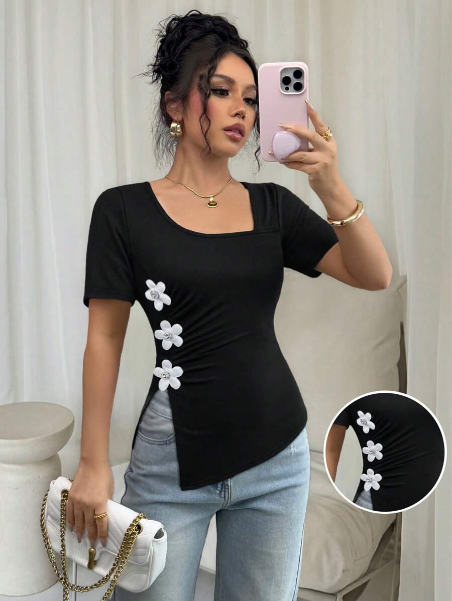 Elenzga 女式纯黑色 3D 花卉装饰短袖开衩 T 恤，夏季 - 黑色 - 查看 1
