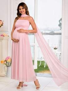 SHEIN Maternity Dress, Baby Shower Dress With Ruched Waist, Ruffle Hem, And Collar - Baby Pink - View 1