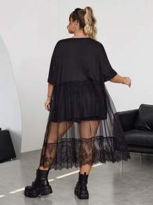 SHEIN CURVE+ Áo thun in hình đầu lâu cỡ lớn cho nữ, Váy lưới trơn, Áo thun lễ hội âm nhạc, Váy lễ hội âm nhạc - màu đen - Xem 2