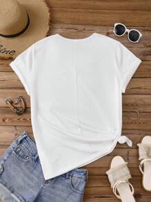 EMERY ROSE Áo thun cổ chữ V hở vai in họa tiết chim và hoa tối giản giản dị, cỡ lớn, phù hợp cho mùa hè - trắng - Xem 3