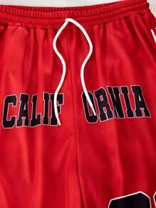SHEIN Explorewe 1 件青少年休闲短款篮球字母印花宽松运动半短裤 - 紅色 - 查看 6