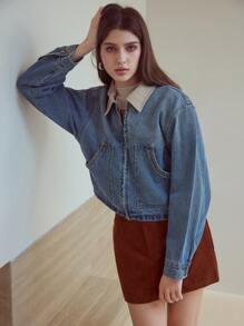 MOTF STUDIO CONTRAST COLLAR DENIM JACKET - Medium Wash - View 1