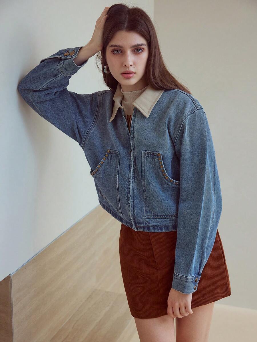 MOTF STUDIO CONTRAST COLLAR DENIM JACKET - Medium Wash - View 1