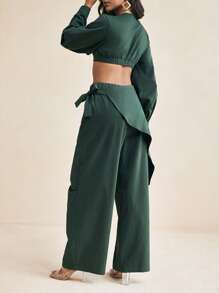 GYD studio 绿色斜纹结饰裙弹力裤两件套休闲度假运动裤女装工作女裤女装两件套女装两件套女装两件套女装两件套工作服女装女装夏季套装女装两件套