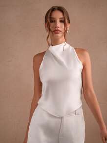Savoree 性感、春季、夏季、优雅、休闲缎面垂领露背无袖吊带背心上衣 - 白色 - 查看 5