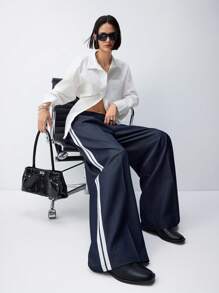 LYSMO 2025 New Arrivel Summer Side-Striped Denim Effect Straight-Leg Wide Pants - Navy Blue - View 1