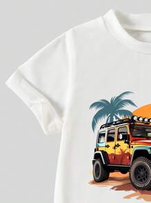 SHEIN 小男孩汽车印花短袖上衣和抽绳工装裤套装 - 白色 - 查看 5