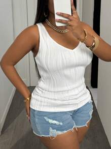 Slaydiva Plus Size Women Casual Basic Camisole, Deep V-Neck And Fine Ribbed Texture, White - White - View 4