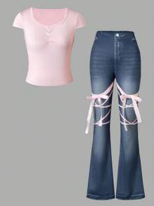 Lunivi 2er-Set für Teenager-Mädchen, lässig elegante Outfits, bestehend aus rosa kurzärmeliger Crop Top und Hose mit Blume Muster und 3D-Schleifendesign, für Frühling/Sommer/Herbst