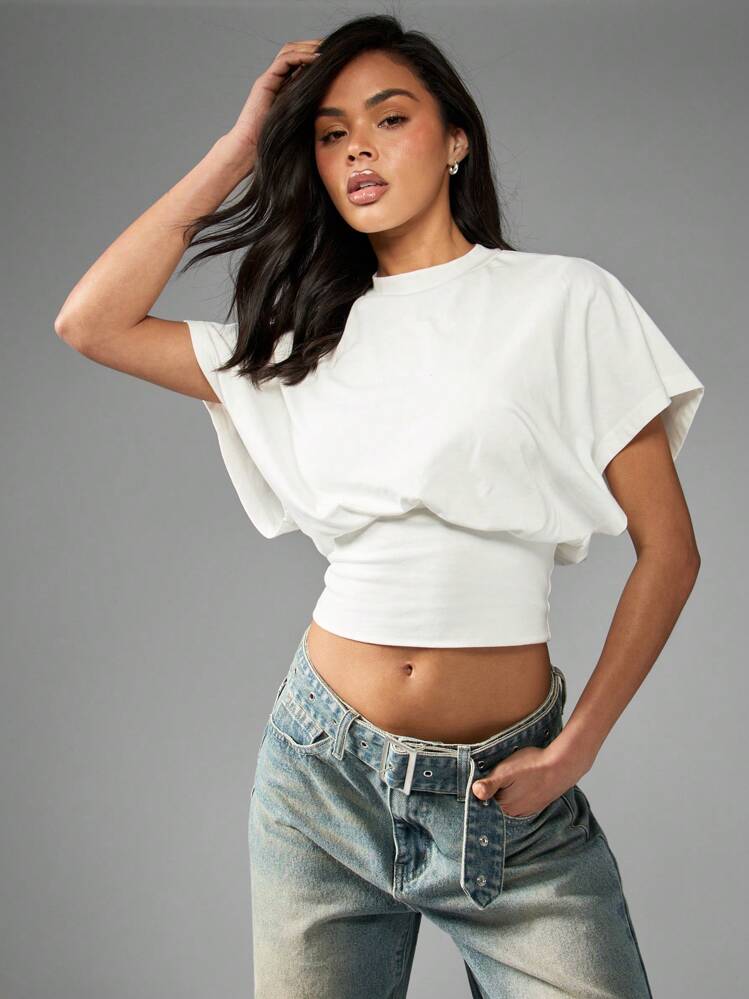 MISSGUIDED Dolman Cap Sleeve Crop Top Fitted Waist Corset Back
