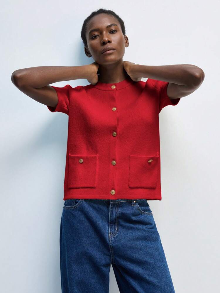 SHEIN Maija 2026 Elegant Red Knit Cardigan For Women Suitable For Leisure, Romantic Urban Vacation, Outdoor, Party, Wedding Guest, Boho-Chic, 90s Retro Urban Casual Outwear, Christmas St Patrick's Day Women Easter Summer Easter Women Party Top Beach Summer Holiday Beach Vacation Summer Going Out Graduation