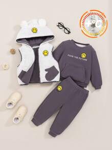 SHEIN Baby Boys' Face Print Sweatshirt & Pants & Thermal Lined Hooded Vest 3pcs/Set